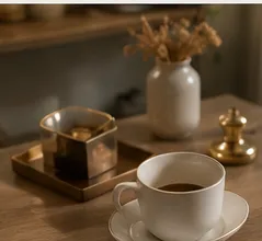 Detalhe do consultório: xícara de café sobre bandeja de madeira.
