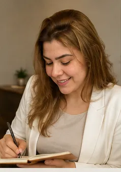A psicóloga Samela escrevendo em um caderno, em ambiente de luz natural.